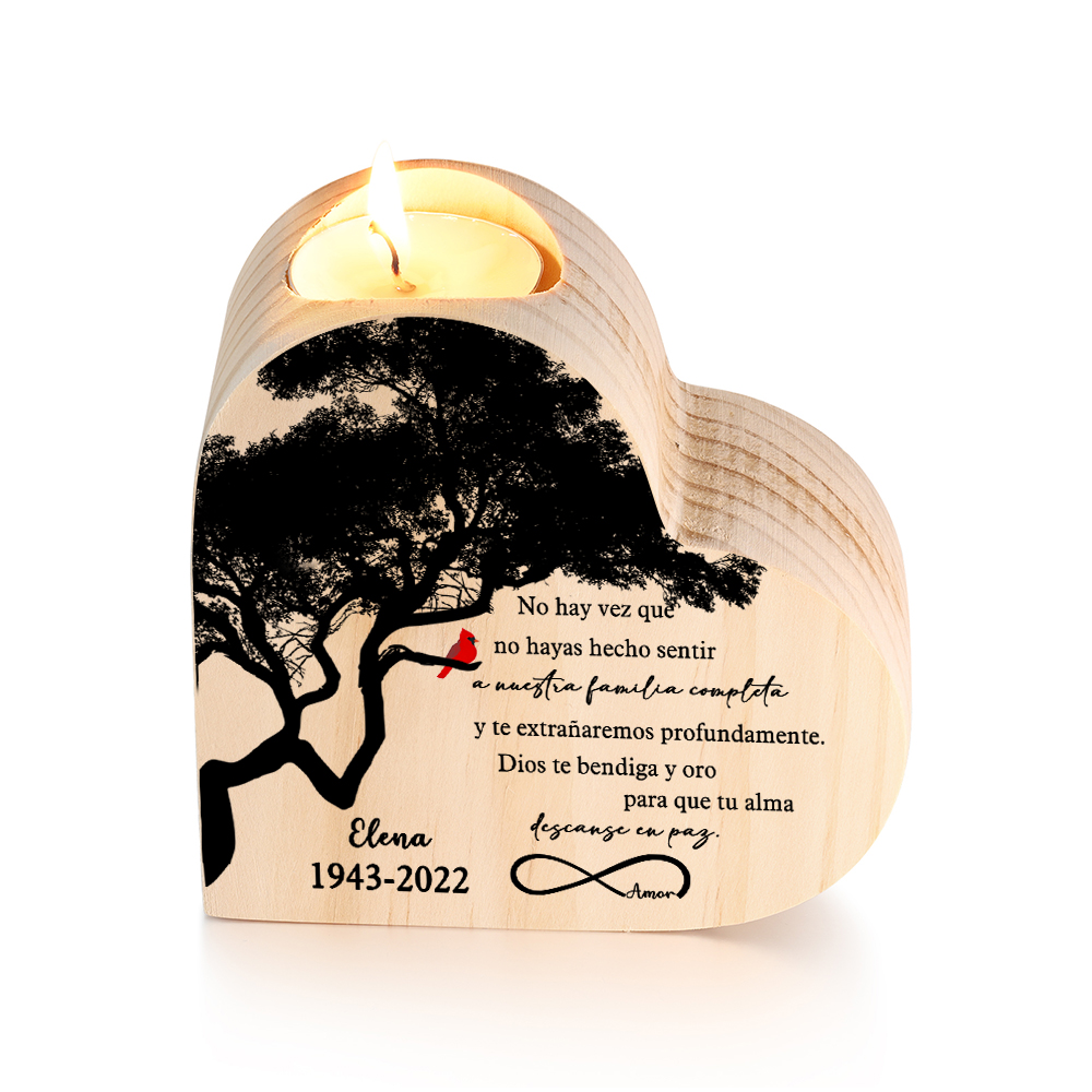 Navidad en el paraíso-Candelero de corazón en memoria de ser querido personalizado con nombre y años de madera sin vela-Jessemade ES