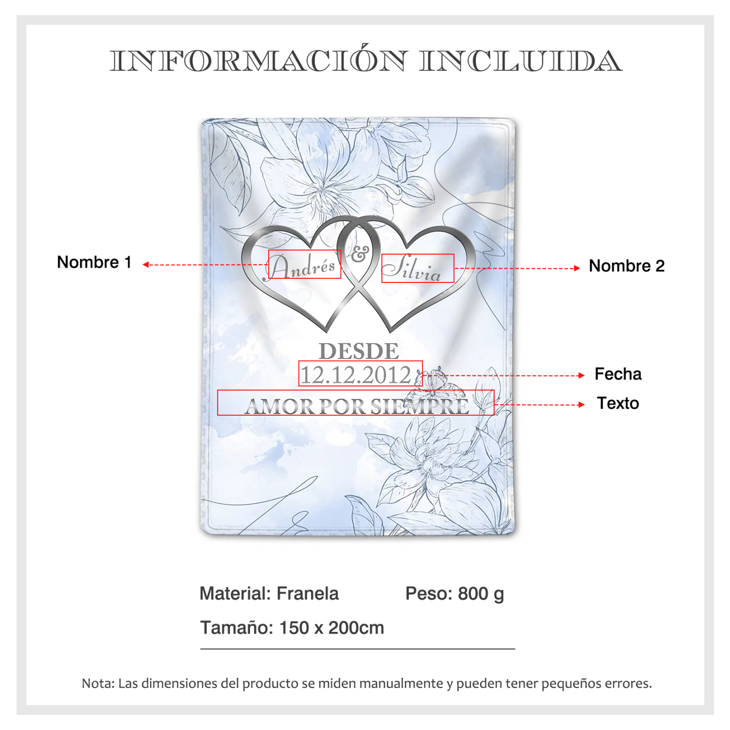 Pareja-Manta de buen calidad de corazones conectados personalizada con nombres, texto y fecha 4 colores-Jessemade ES