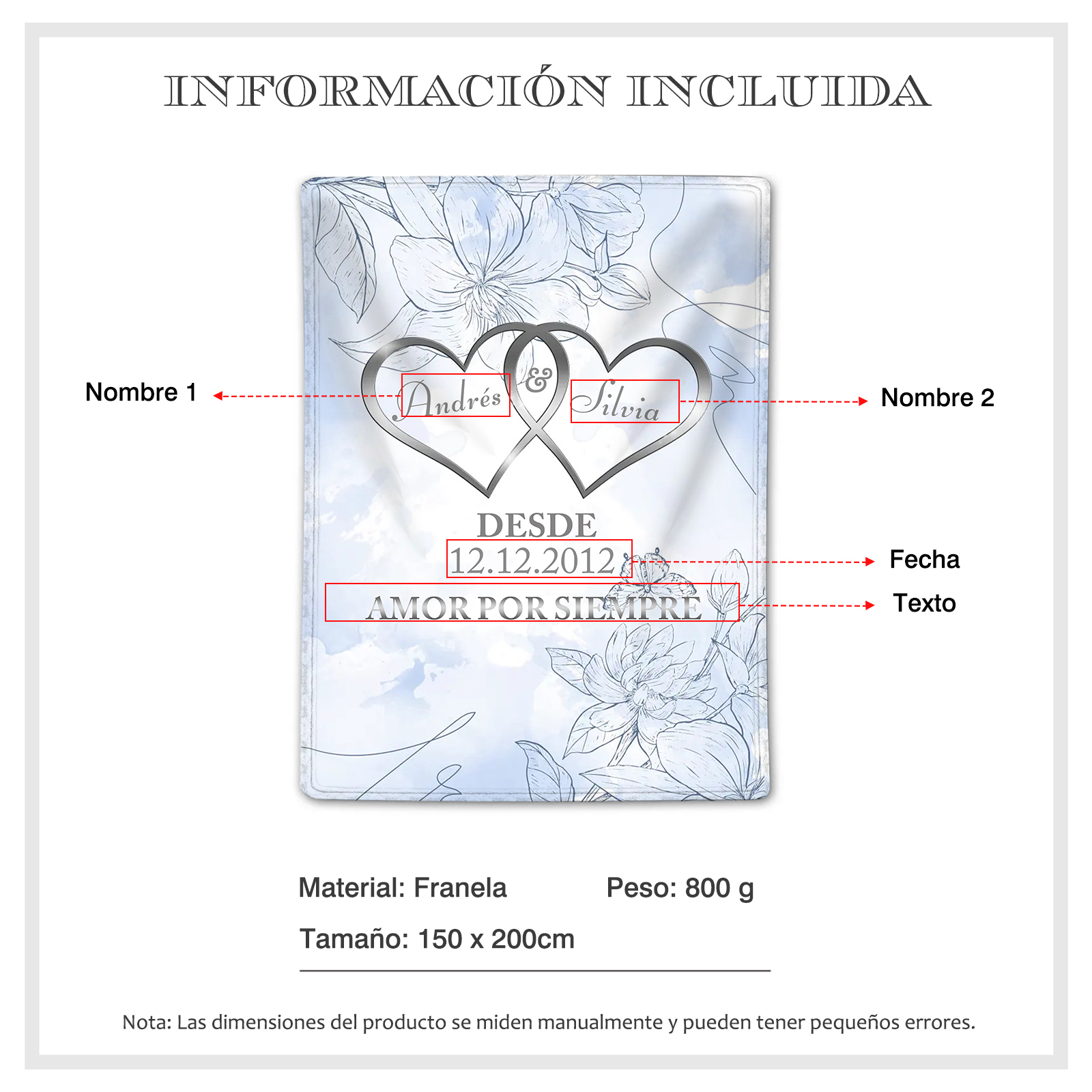 Pareja-Manta de buen calidad de corazones conectados personalizada con nombres, texto y fecha 4 colores-Jessemade ES