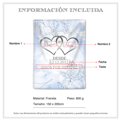 Pareja-Manta de buen calidad de corazones conectados personalizada con nombres, texto y fecha 4 colores-Jessemade ES