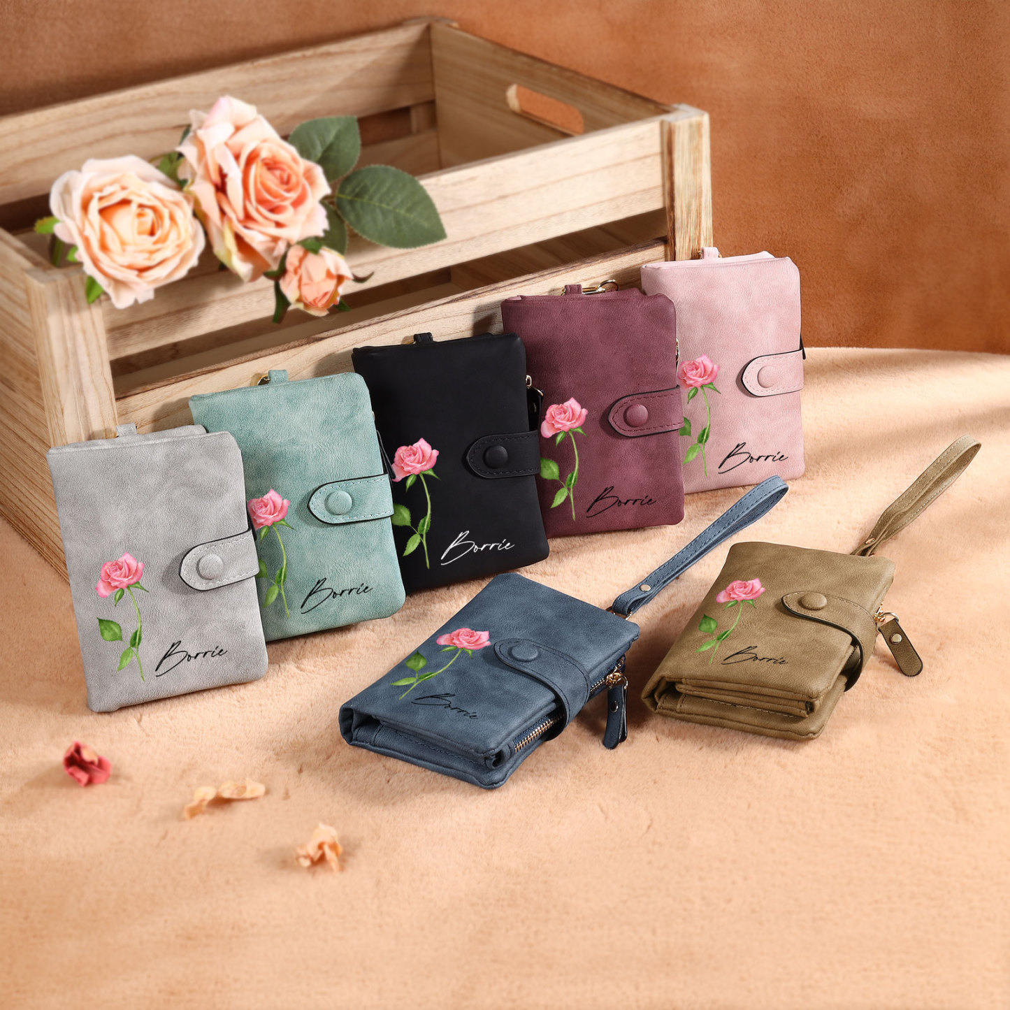 Cartera, billetera con 1 nombre y 1 flor de nacimiento personalizados monedero clásico para mujer
