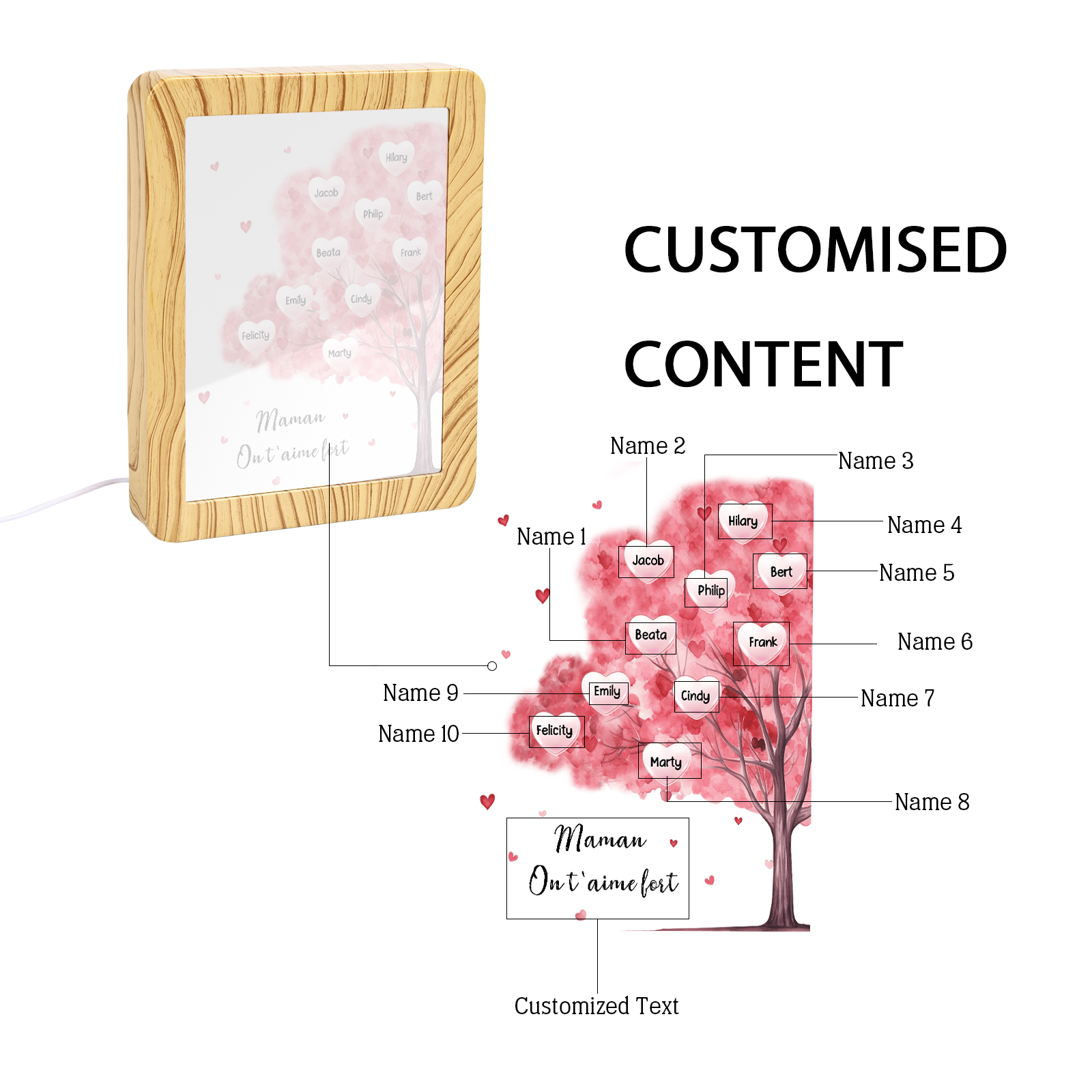 Marco/Espejo con LED Multifuncional Árbol de la Vida 1-10 Nombres Personalizados con 1 Texto-Jessemade ES