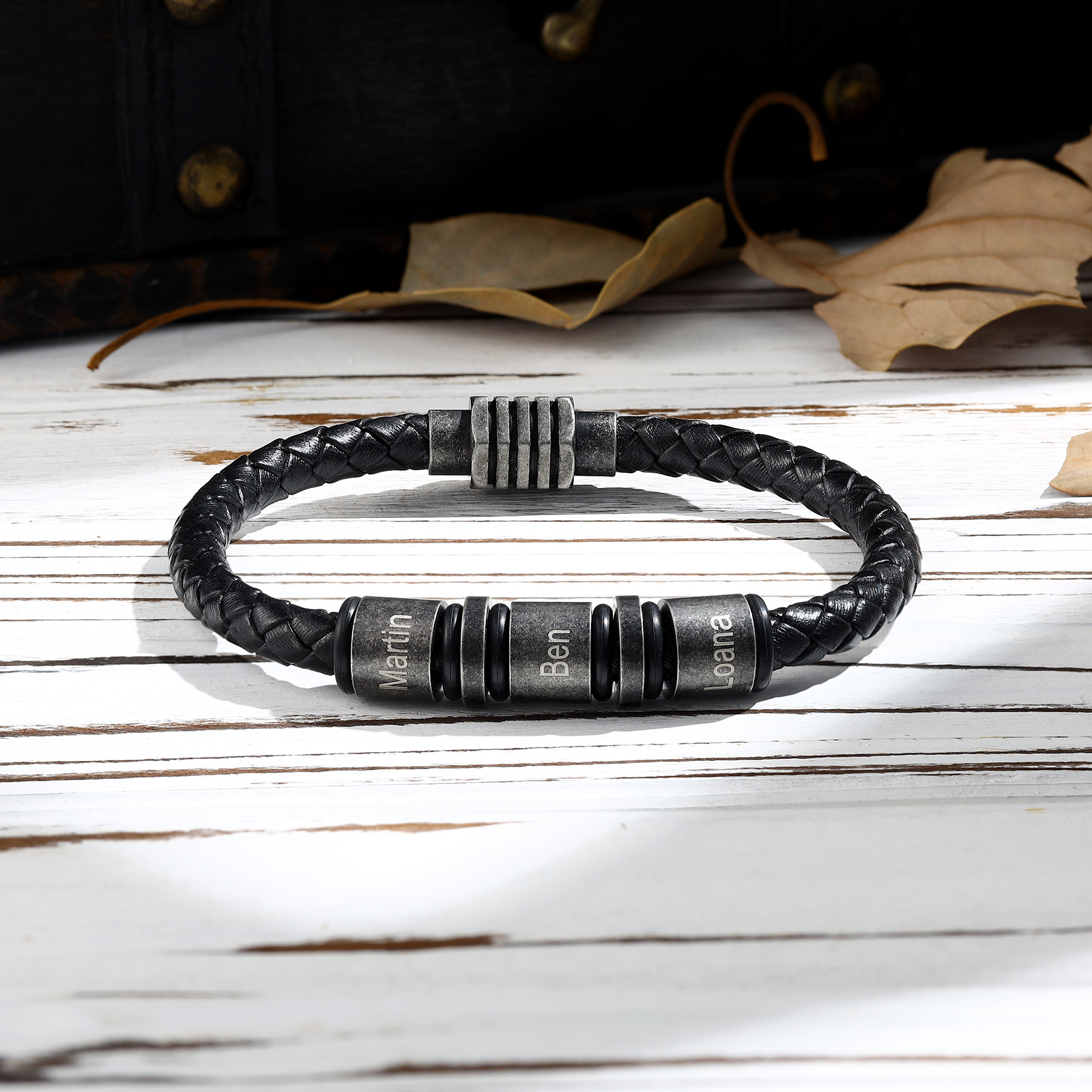 Pulsera de cuero trenzado con 3 aros 3 nombres personalizados pulsera de hombre -Jessemade ES