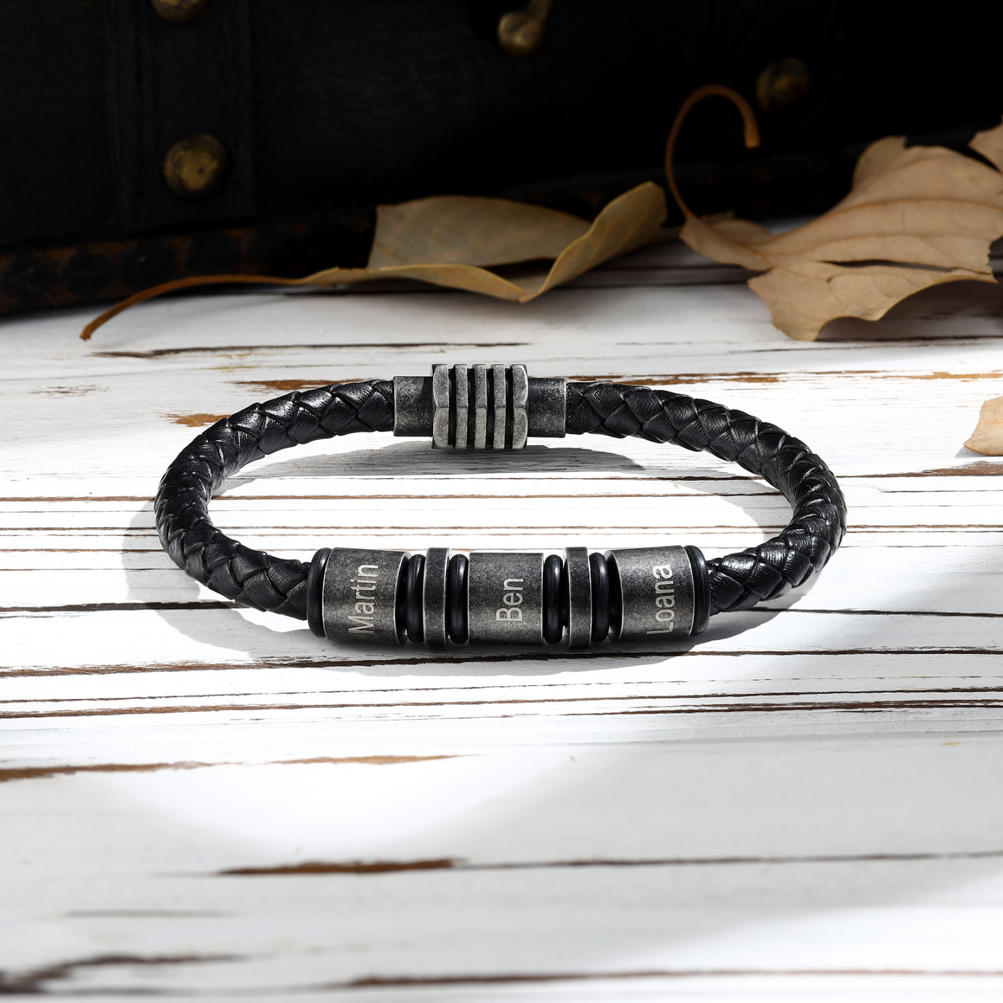 Pulsera de cuero trenzado con 3 aros 3 nombres personalizados pulsera de hombre -Jessemade ES