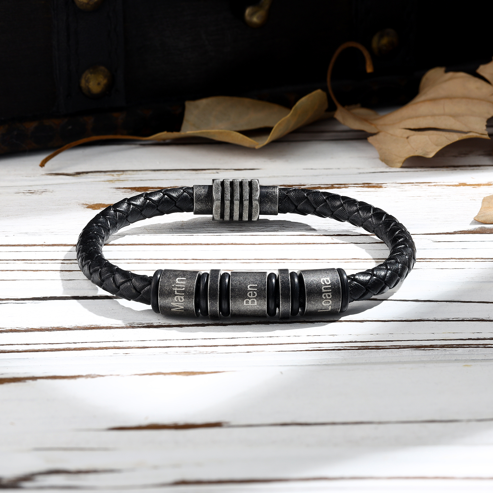 Pulsera de cuero trenzado con 3 aros 3 nombres personalizados pulsera de hombre -Jessemade ES