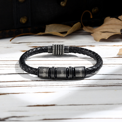 Pulsera de cuero trenzado con 3 aros 3 nombres personalizados pulsera de hombre -Jessemade ES