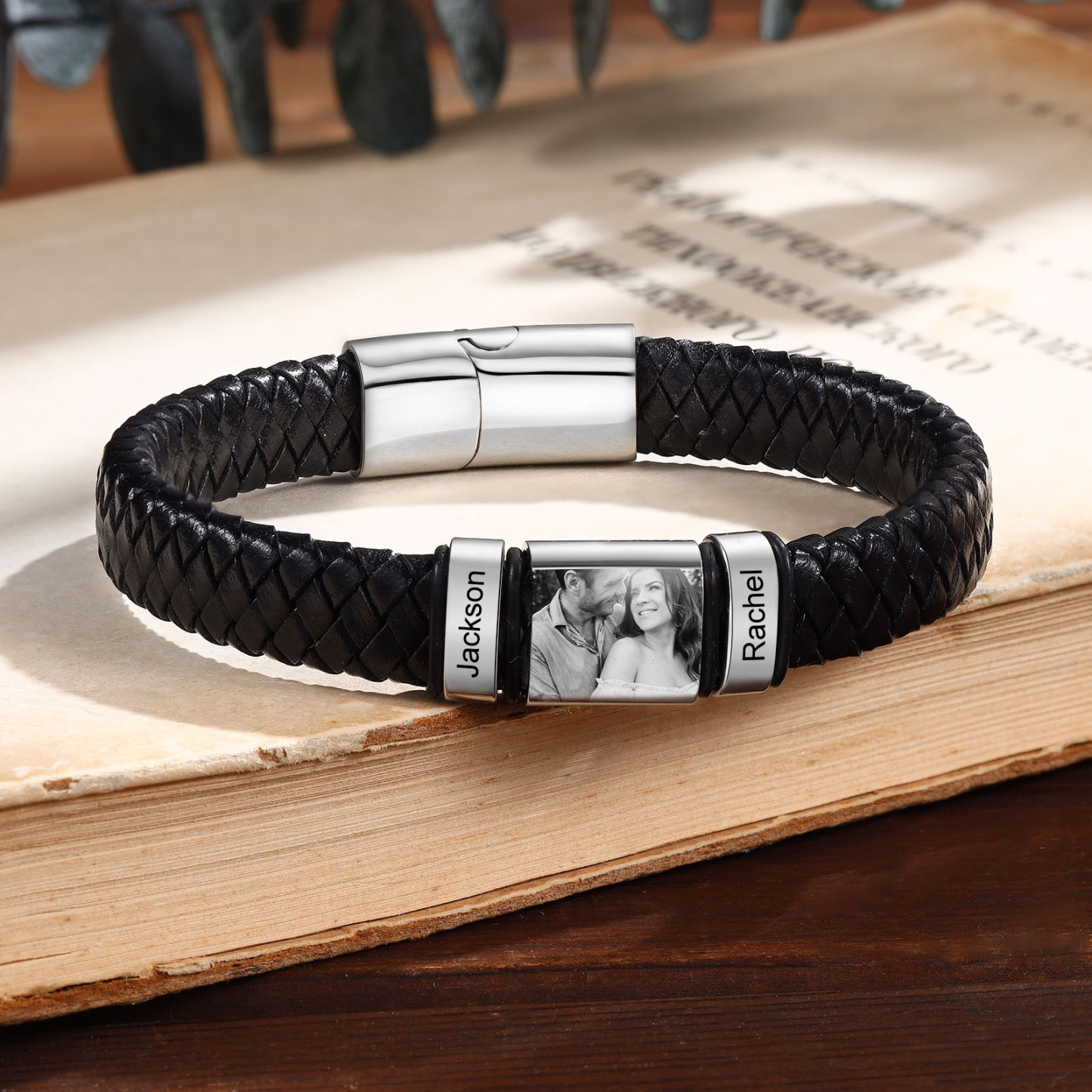 Pulsera de Cueros Trenzados Aros Personalizados de 2-5 Nombres y Placa de Foto-Jessemade ES