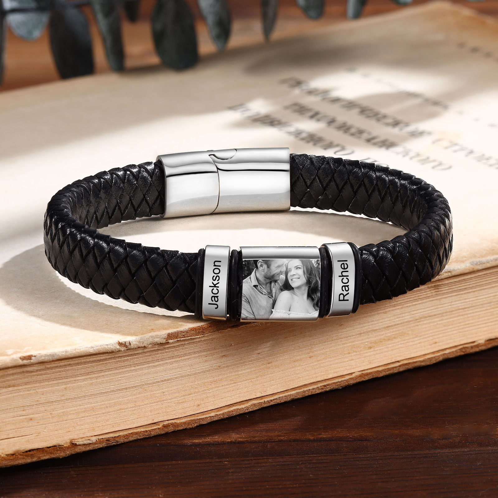 Pulsera de Cueros Trenzados Aros Personalizados de 2-5 Nombres y Placa de Foto-Jessemade ES