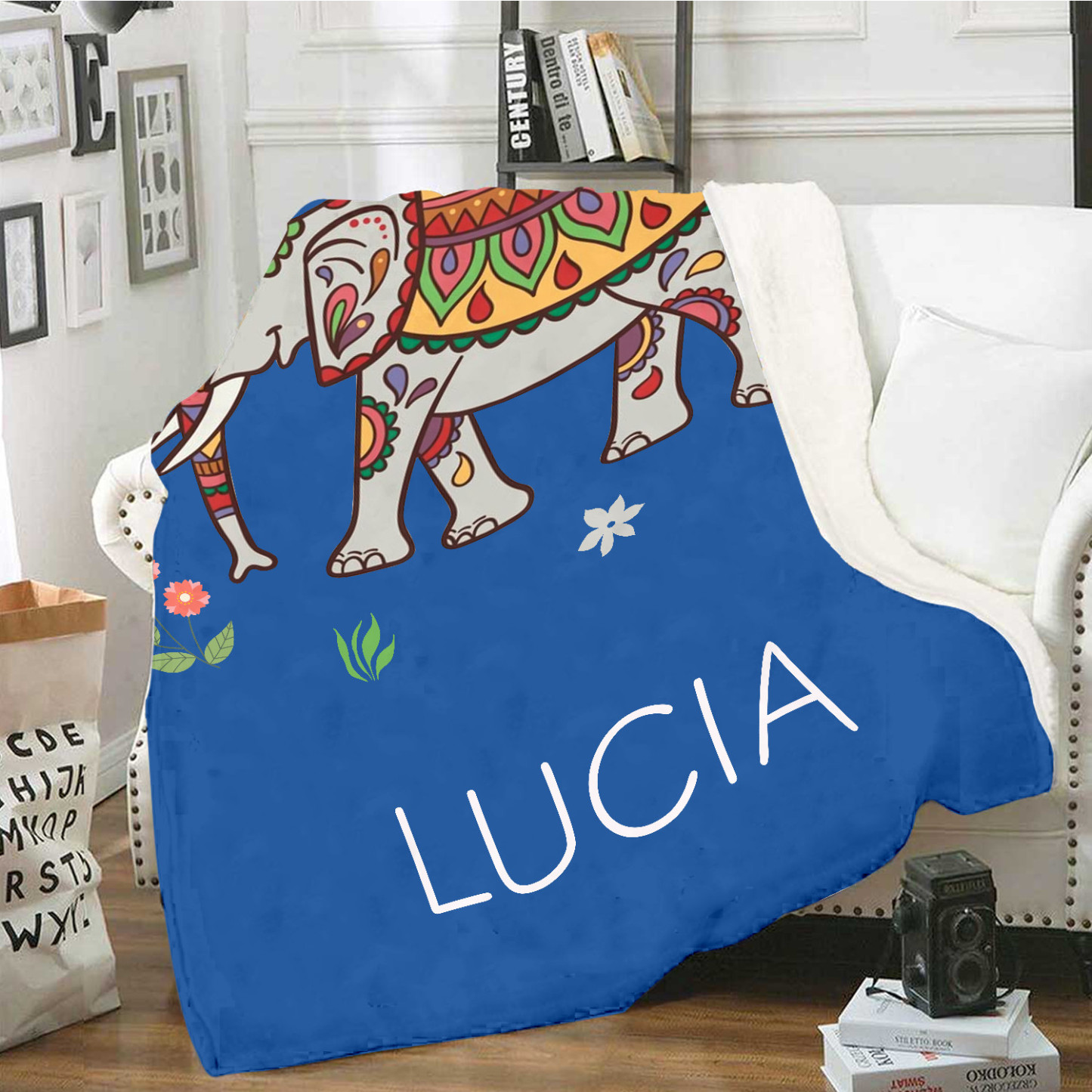 Manta de buen calidad con Elefante personalizada con 1 nombre-Jessemade ES