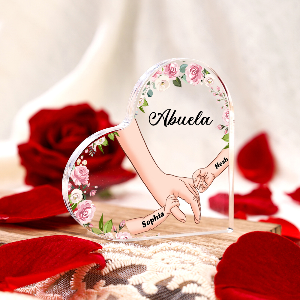 A mi mamá/abuela-Placa de acrílico en forma de corazón mano a mano con 1 texto y 2 nombres personalizados | Jessemade