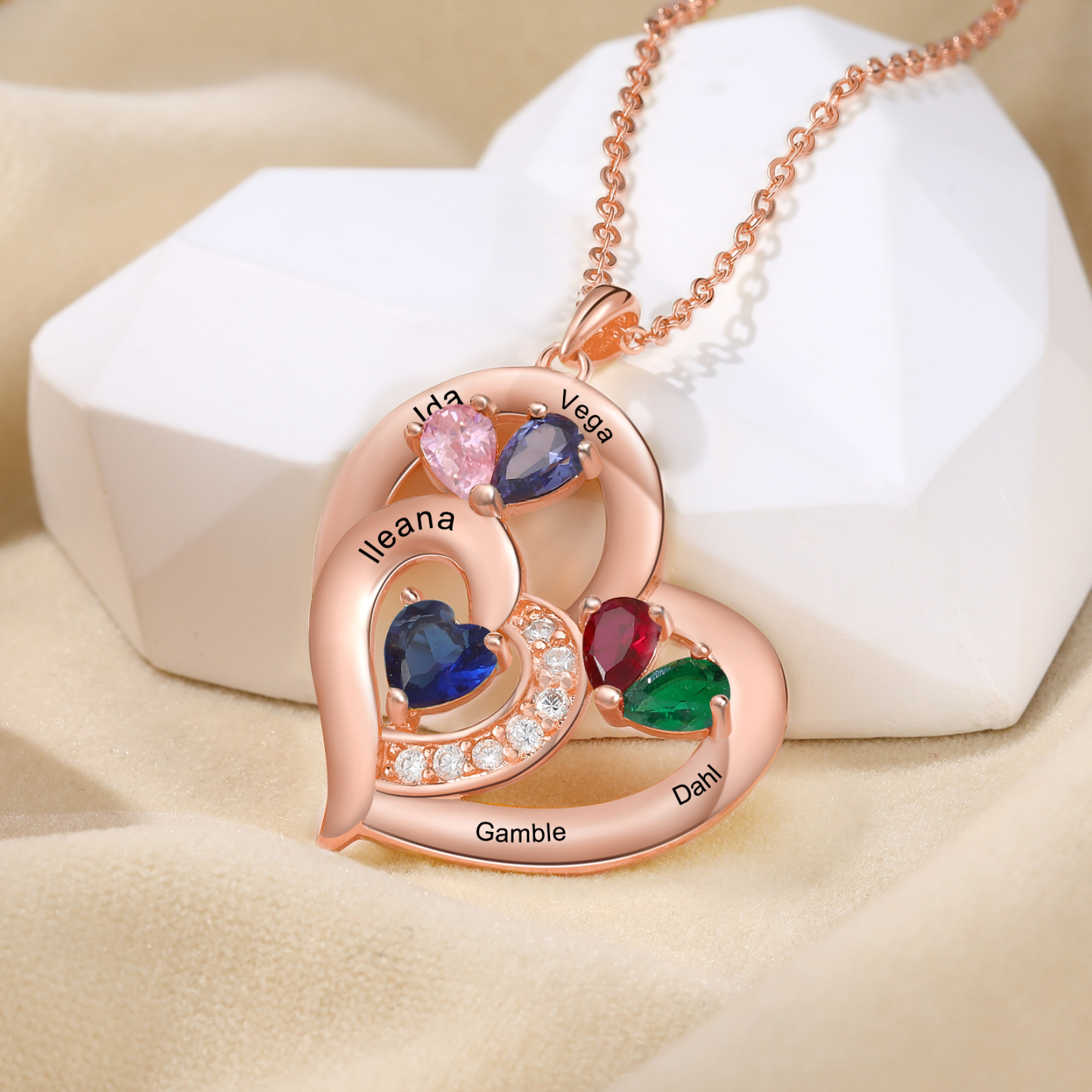 Collar corazón con 1-6 nombres personalizados y 1-6 piedras de nacimiento-Jessemade ES