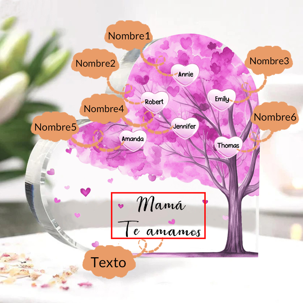 A mi mamá/abuela-Placa de acrílico "Árbol" en forma de corazón 6 nombres y 1 texto personalizados-Jessemade ES