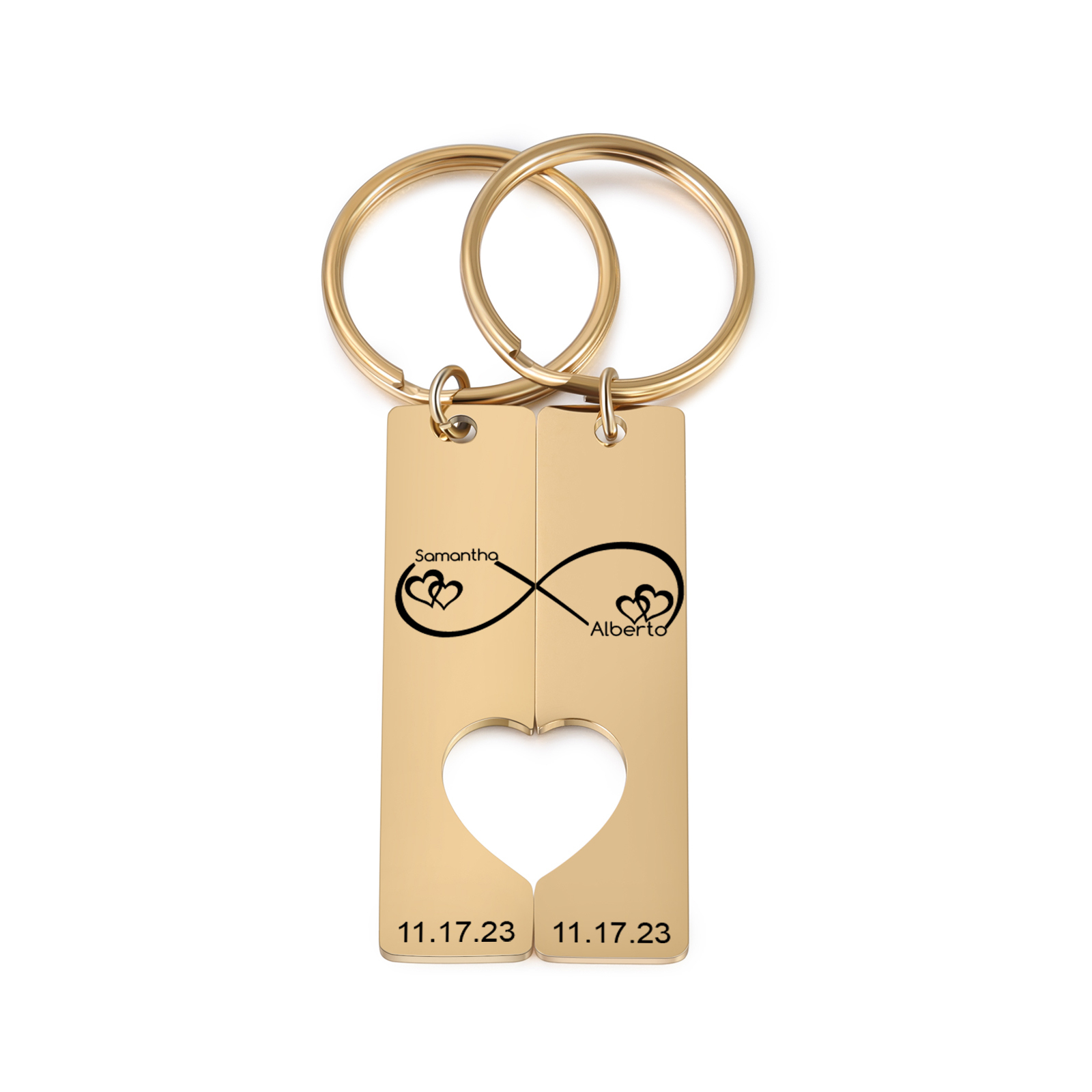 Llavero con corazón encajado para pareja nudo infinito 2 nombres personalizados con fecha-Jessemade ES