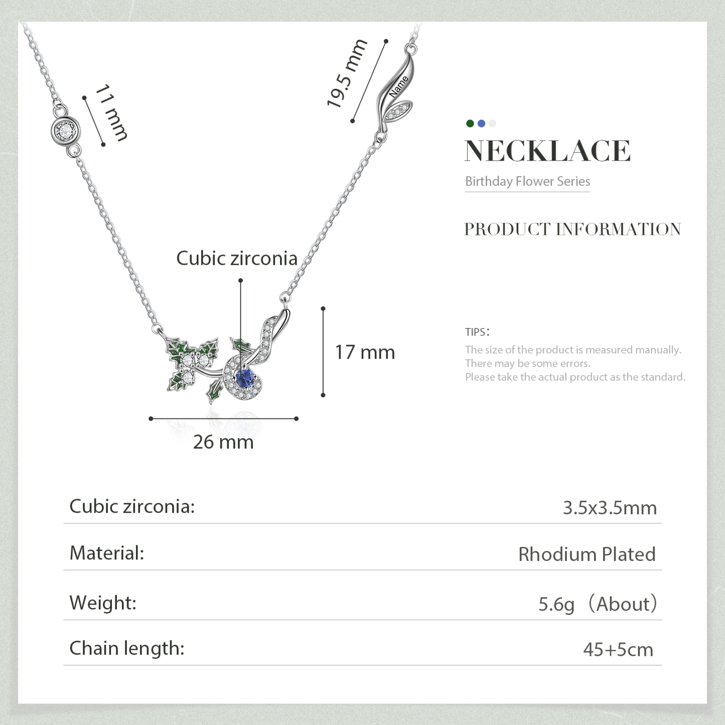 Collar de flor de diciembre acebo con nombre personalizado y piedra de nacimiento-Jessemade ES