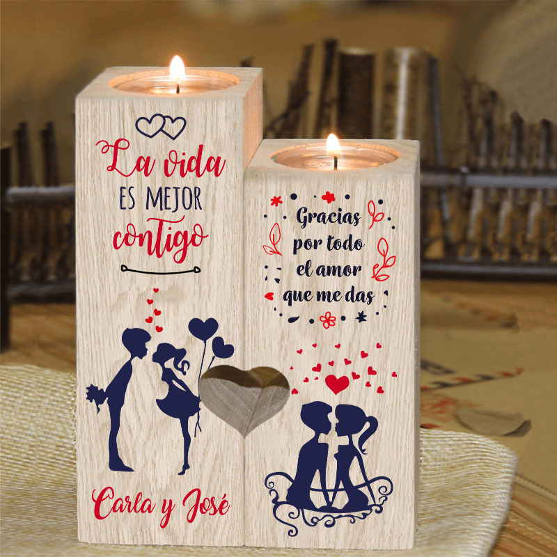 Candelero para pareja de madera de dos piezas sin candela con texto personalizado-Jessemade ES