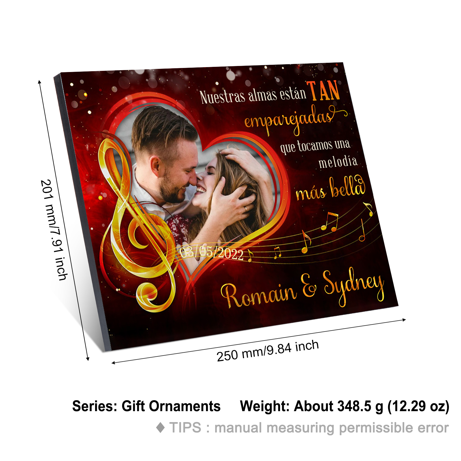 Lámina melodía marco de madera para pareja personalizado con 2 nombres, fecha y foto-Jessemade ES