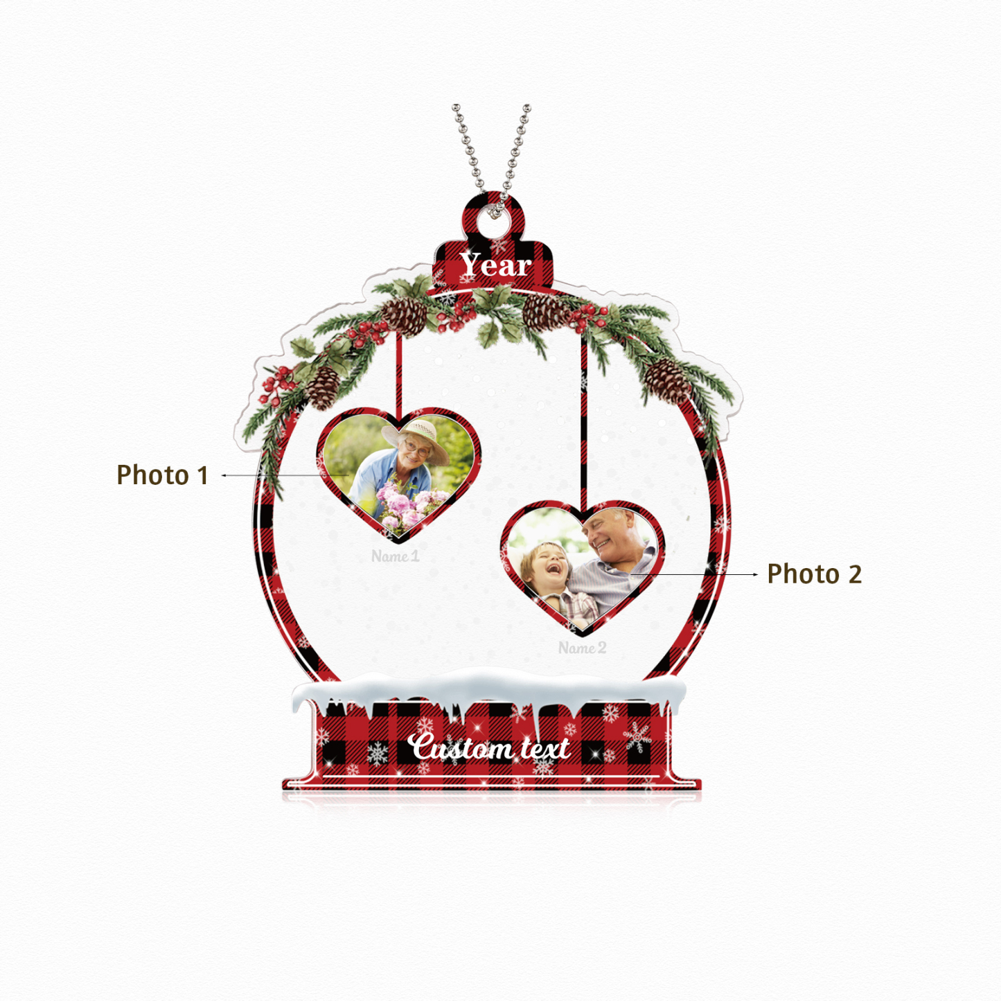 Navidad-Ornamento navideño de acrílico bola de cristal con 2 nombres, 2 fotos y 1 texto personalizados-Jessemade ES