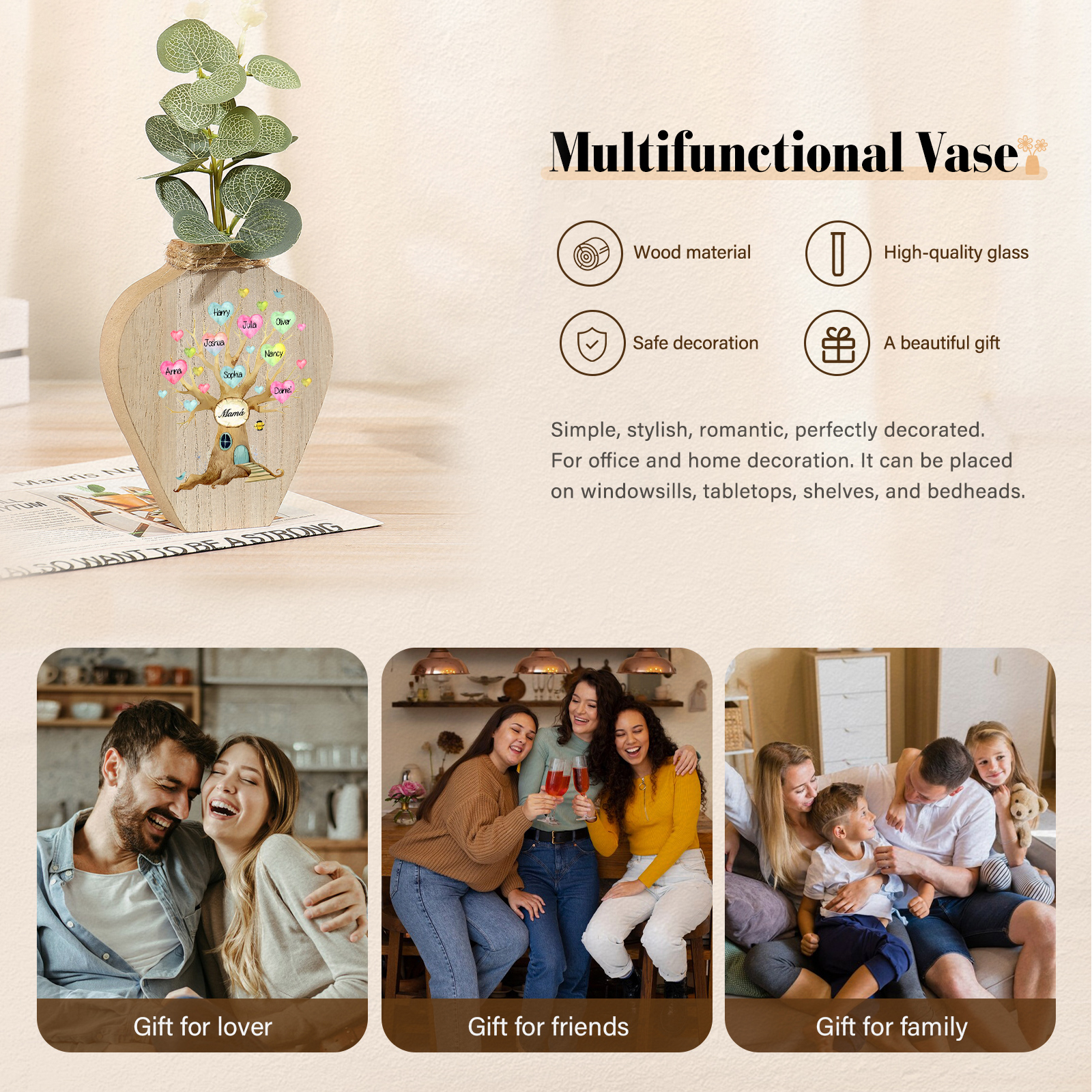 Florero de madera árbol de corazones 8 nombres personalizados con texto decoración del hogar-Jessemade ES