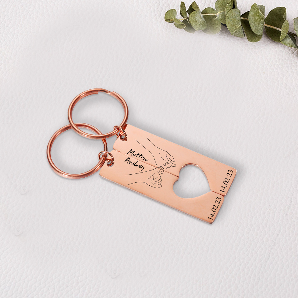 Llavero con corazón encajado para pareja pinky swear 2 nombres personalizados con fecha-Jessemade ES