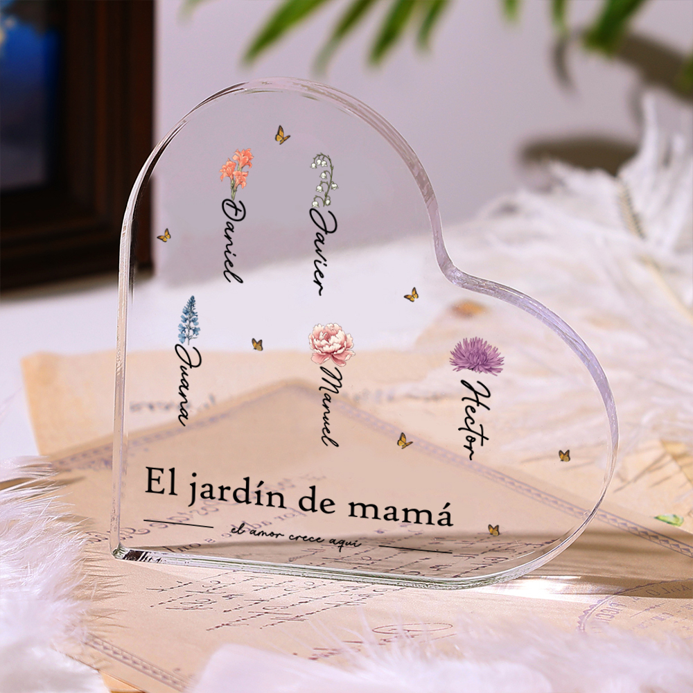 A mi mamá/abuela-Placa de acrílico en forma de corazón jardín 1-10 nombres y flores personalizados con 1 texto-Jessemade ES