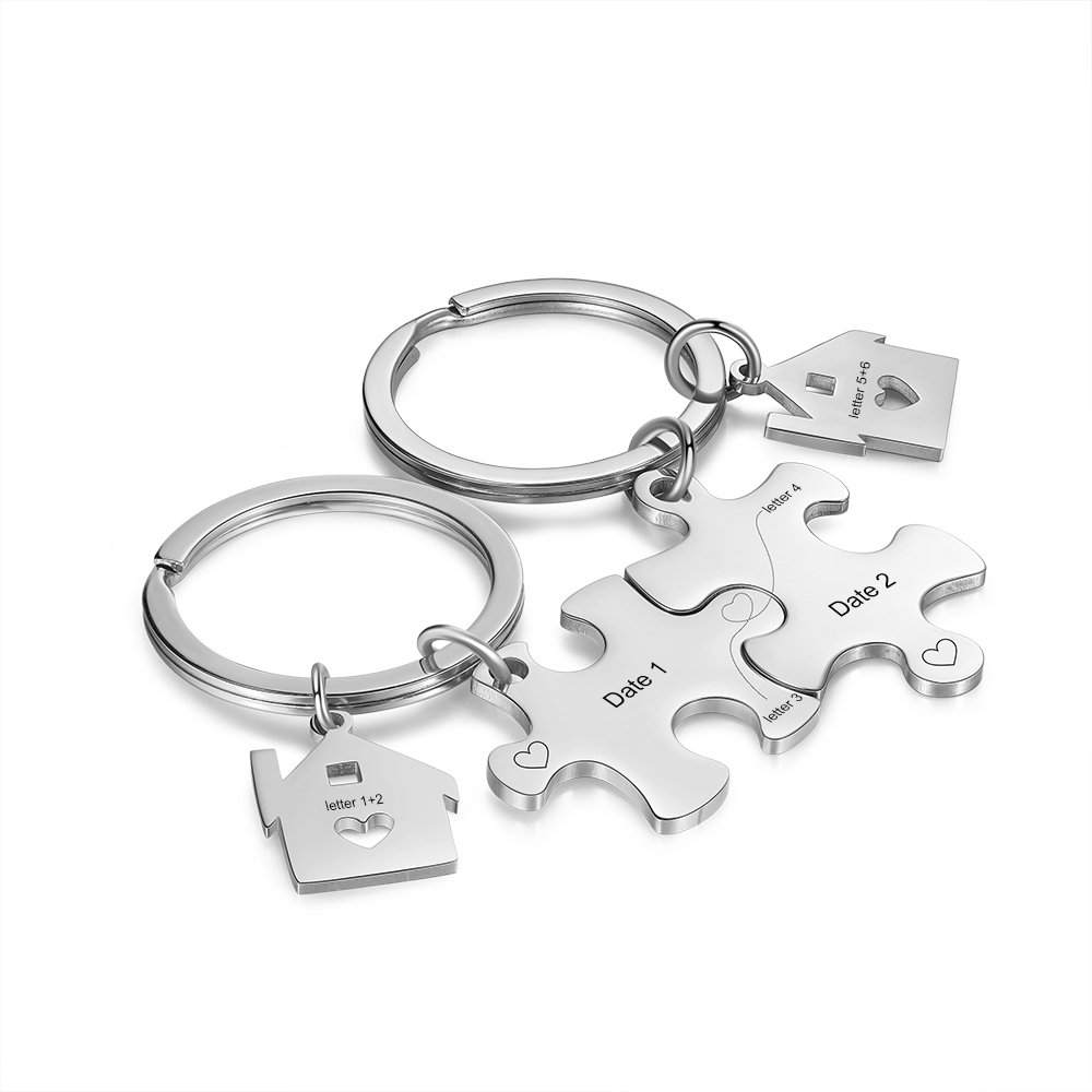 Llavero para pareja rompecabezas 2 letras personalizadas con fecha dije de casa-Jessemade ES