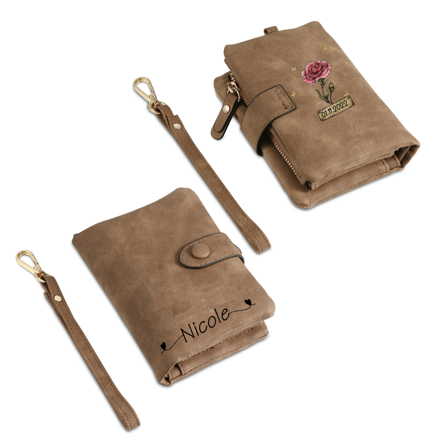 Cartera, billetera con 1 nombre, 1 fecha y 1 flor de nacimiento personalizados monedero clásico para mujer