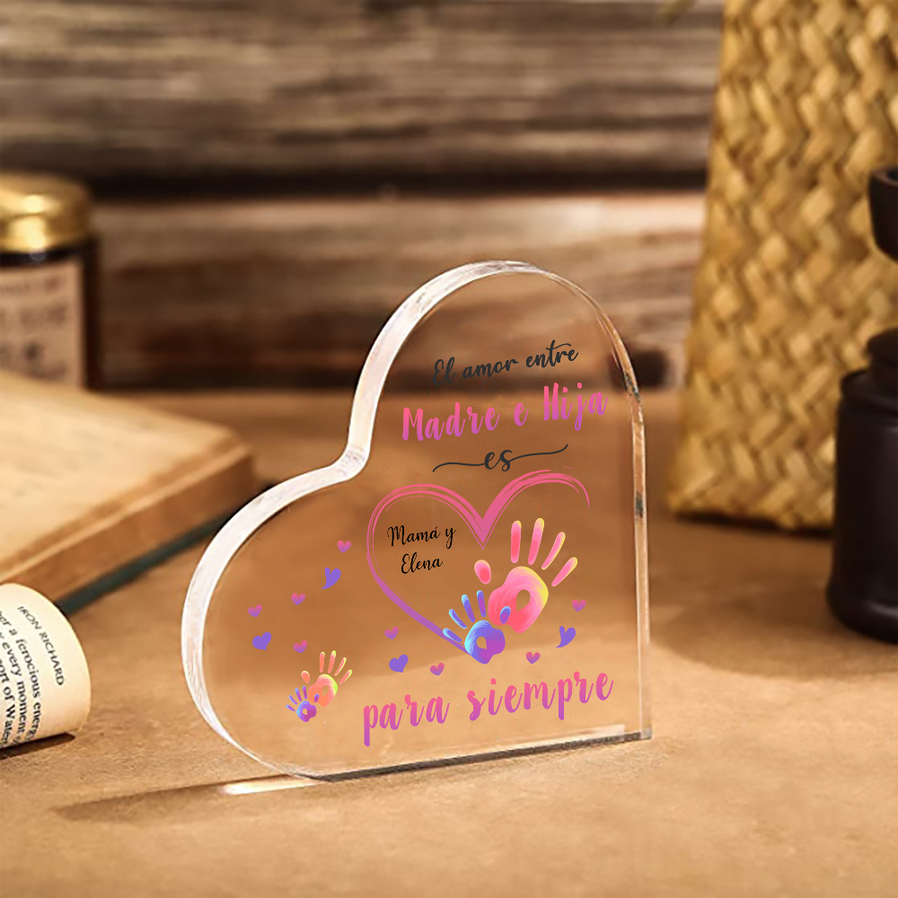 A mi mamá-Placa de acrílico en forma de corazón mano y manita 1 texto personalizado-Jessemade ES