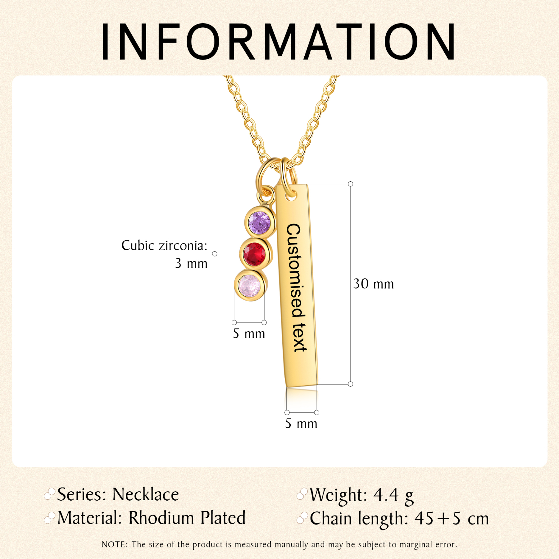 Collar con colgante de placa con 1-6 piedras de nacimiento personalizadas con texto-Jessemade ES