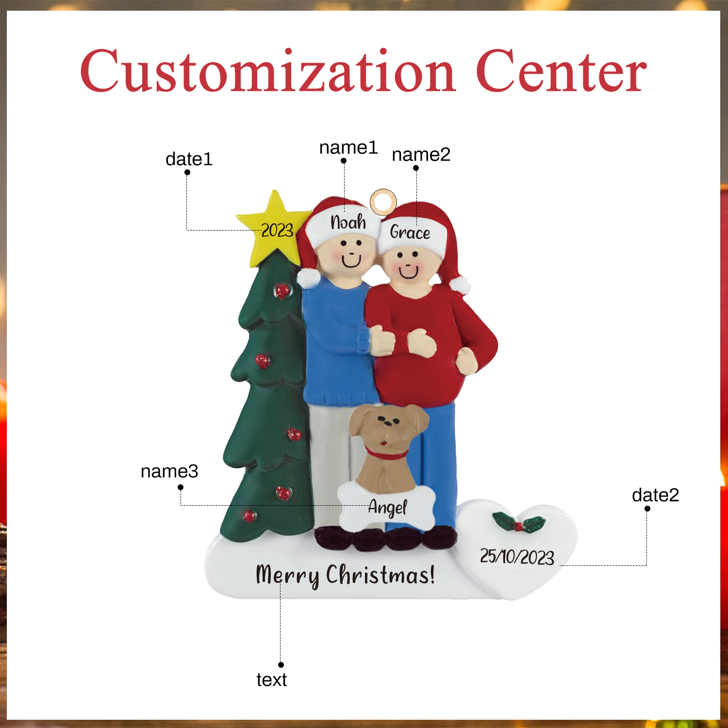 Navidad-Muñecos Ornamentos Navideños de Pareja con Perro 3 Nombres, Año, Fecha y Texto Personalizados Adorno de Madera-Jessemade ES