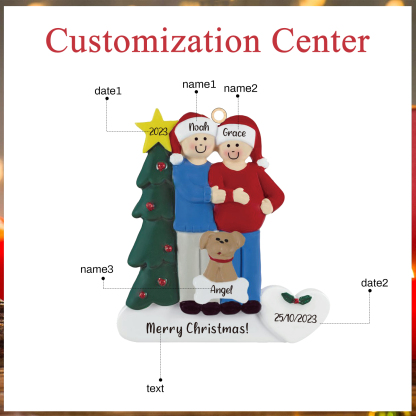 Navidad-Muñecos Ornamentos Navideños de Pareja con Perro 3 Nombres, Año, Fecha y Texto Personalizados Adorno de Madera-Jessemade ES