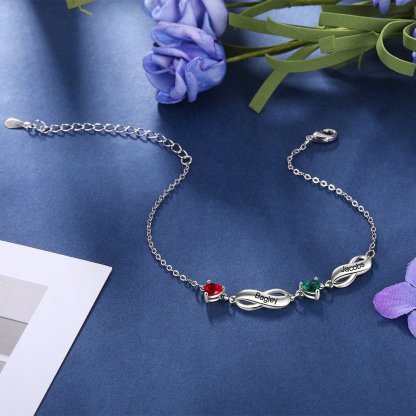 Pulsera "infinito" personalizada con 2 nombres y 2 piedras de nacimiento de corazón-Jessemade ES
