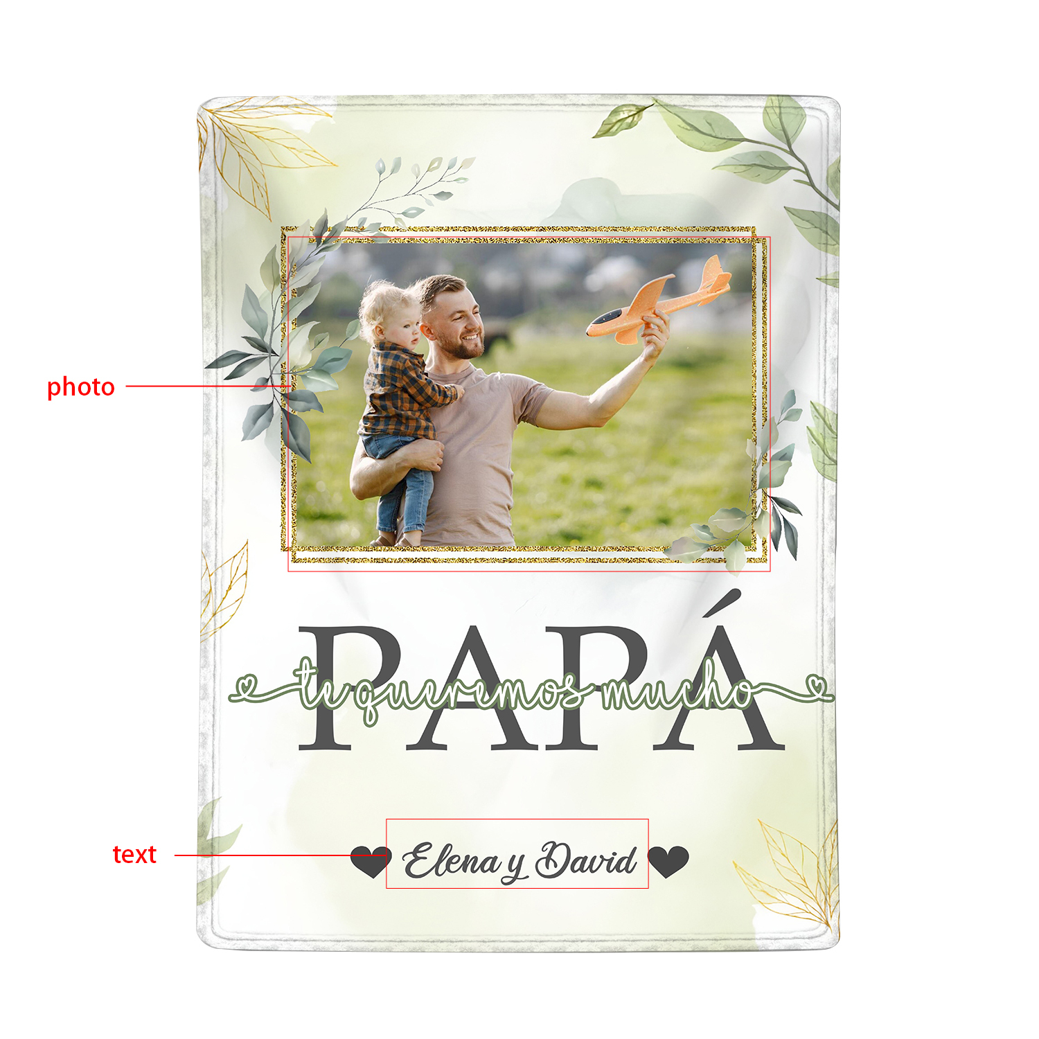 A mi padre de hij@s-Manta de buen calidad con hojas personalizada con 1 foto y 1 texto-Jessemade ES