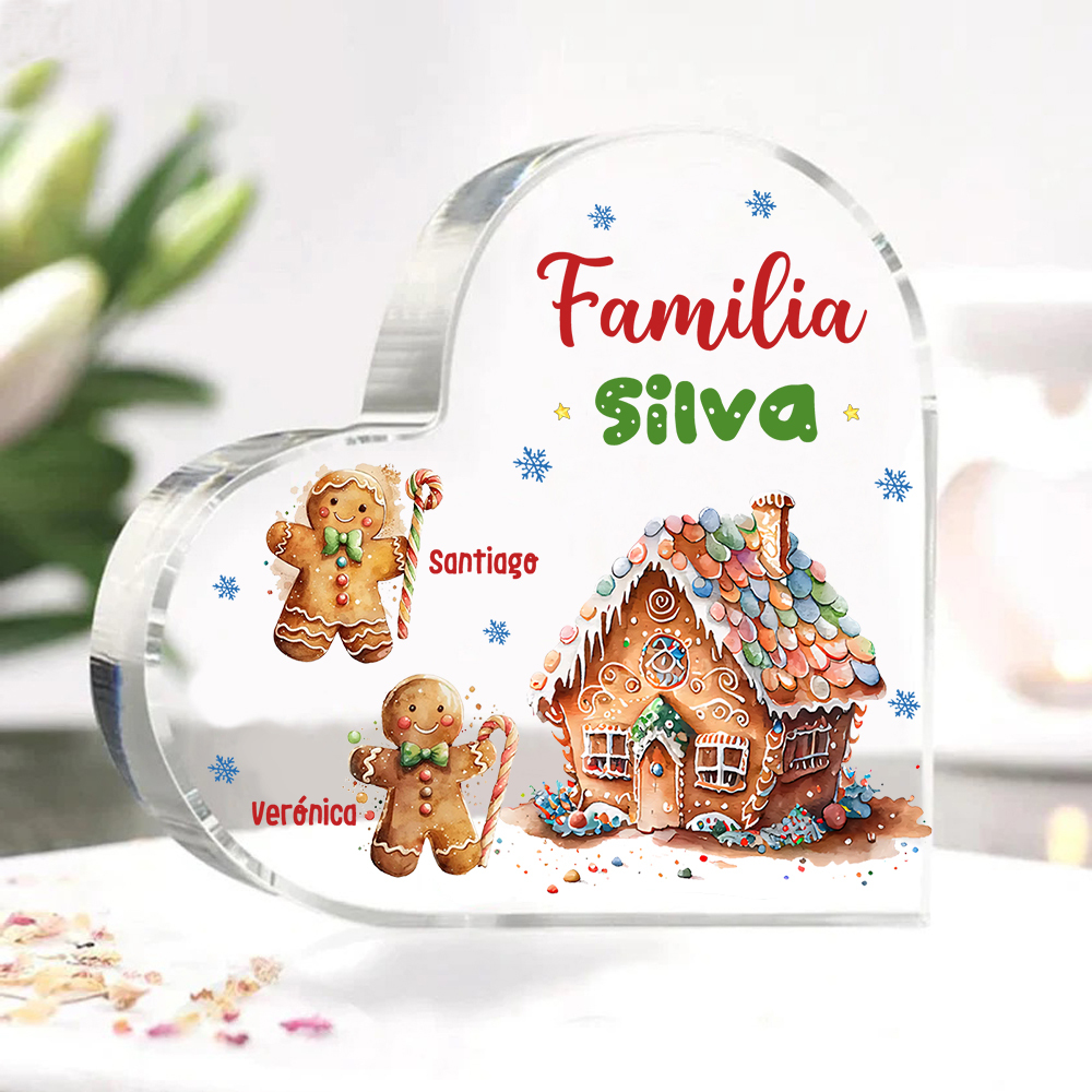 Navidad - Placa de acrílico en forma de corazón jengibres y su casa con 2 nombres y 1 texto personalizados-Jessemade ES