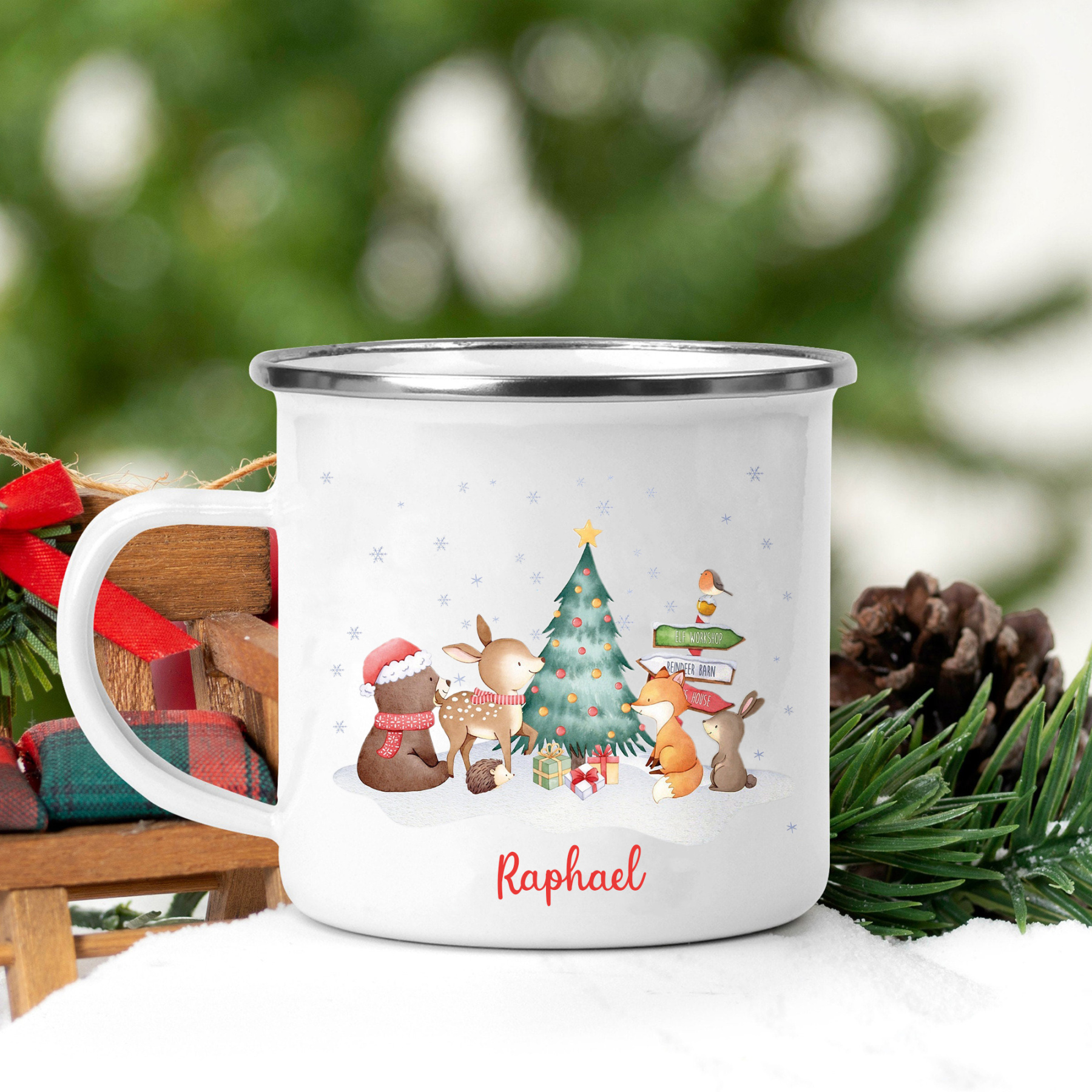 Navidad-Taza fiesta de animales para niños con 1 nombre personalizado-Jessemade ES