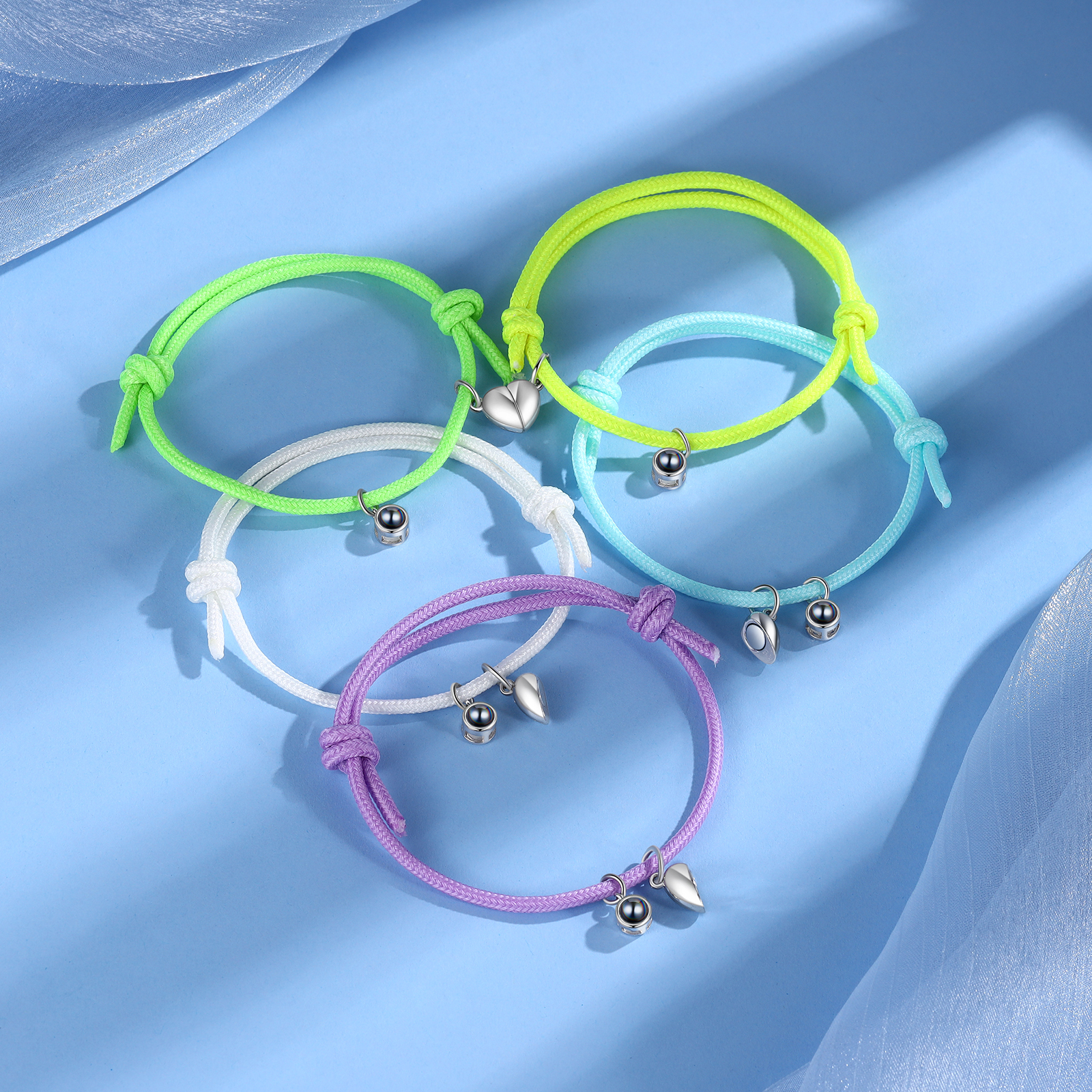 Pulsera de cuerda fluorescentepara pareja con proyección de foto con dije de corazón magnético-Jessemade ES