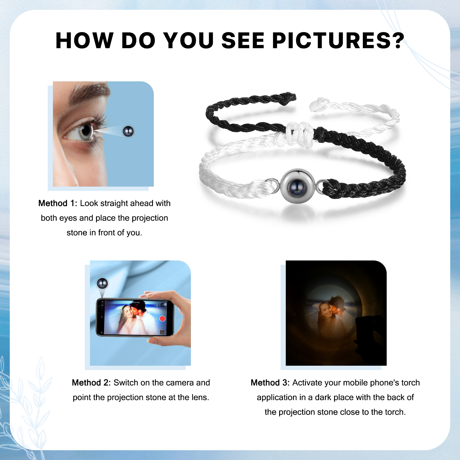 Pulsera de cuerda con proyección de foto en color con dije circular pulsera ajustable-Jessemade ES