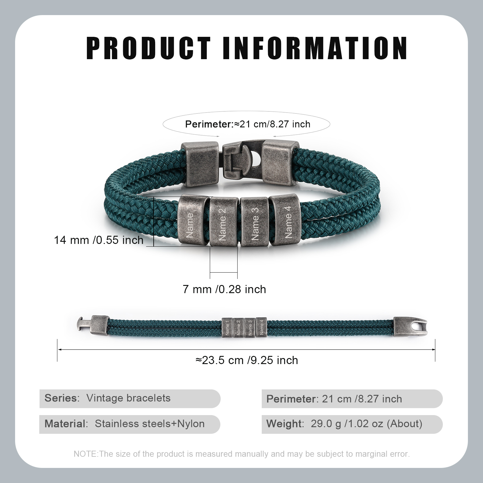 2-4 Nombres Personalizados Pulsera de Cuerda Verde Aros de Acero Inoxidable-Jessemade ES