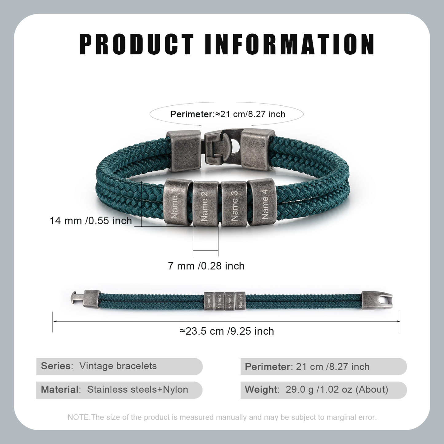 2-4 Nombres Personalizados Pulsera de Cuerda Verde Aros de Acero Inoxidable-Jessemade ES