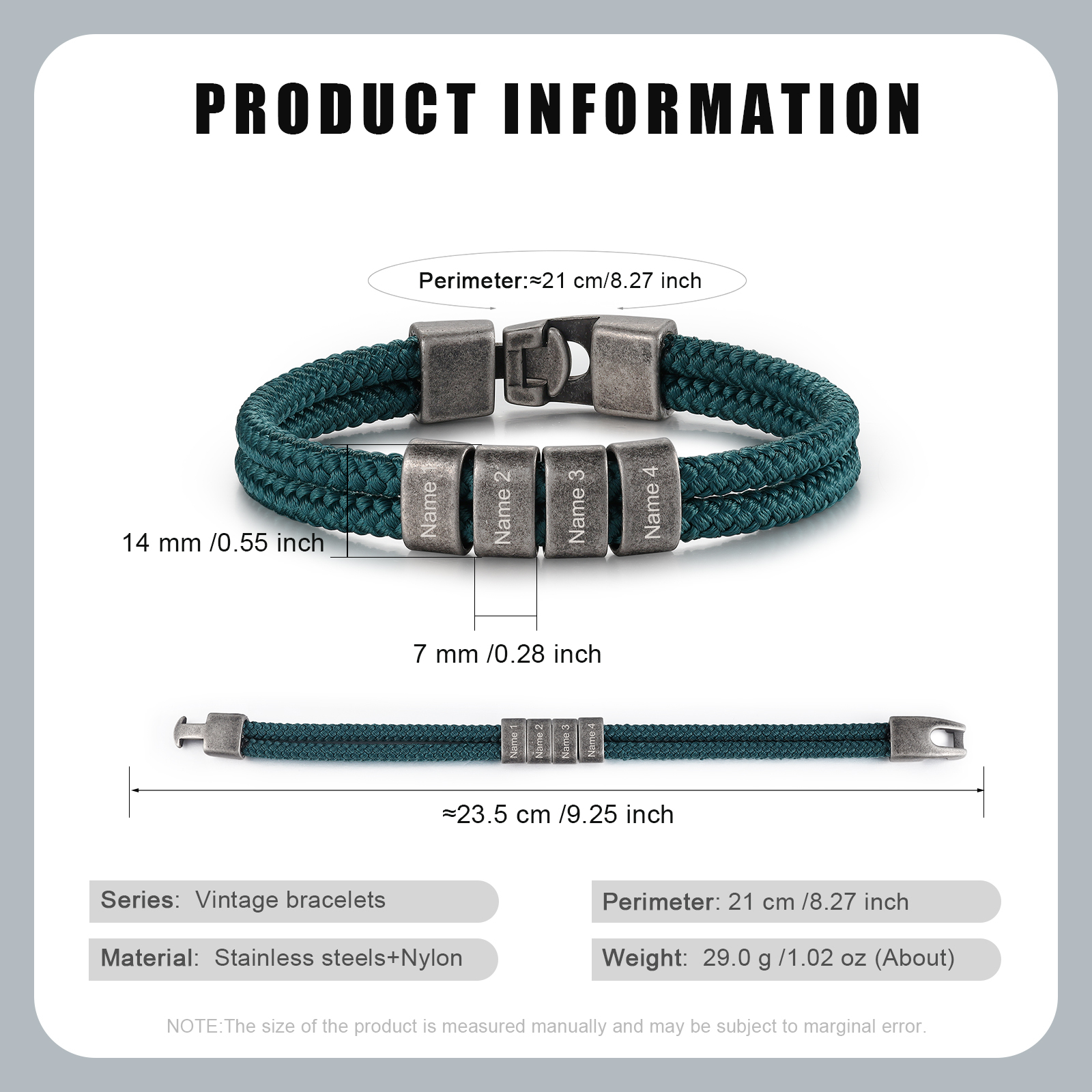 2-4 Nombres Personalizados Pulsera de Cuerda Verde Aros de Acero Inoxidable-Jessemade ES