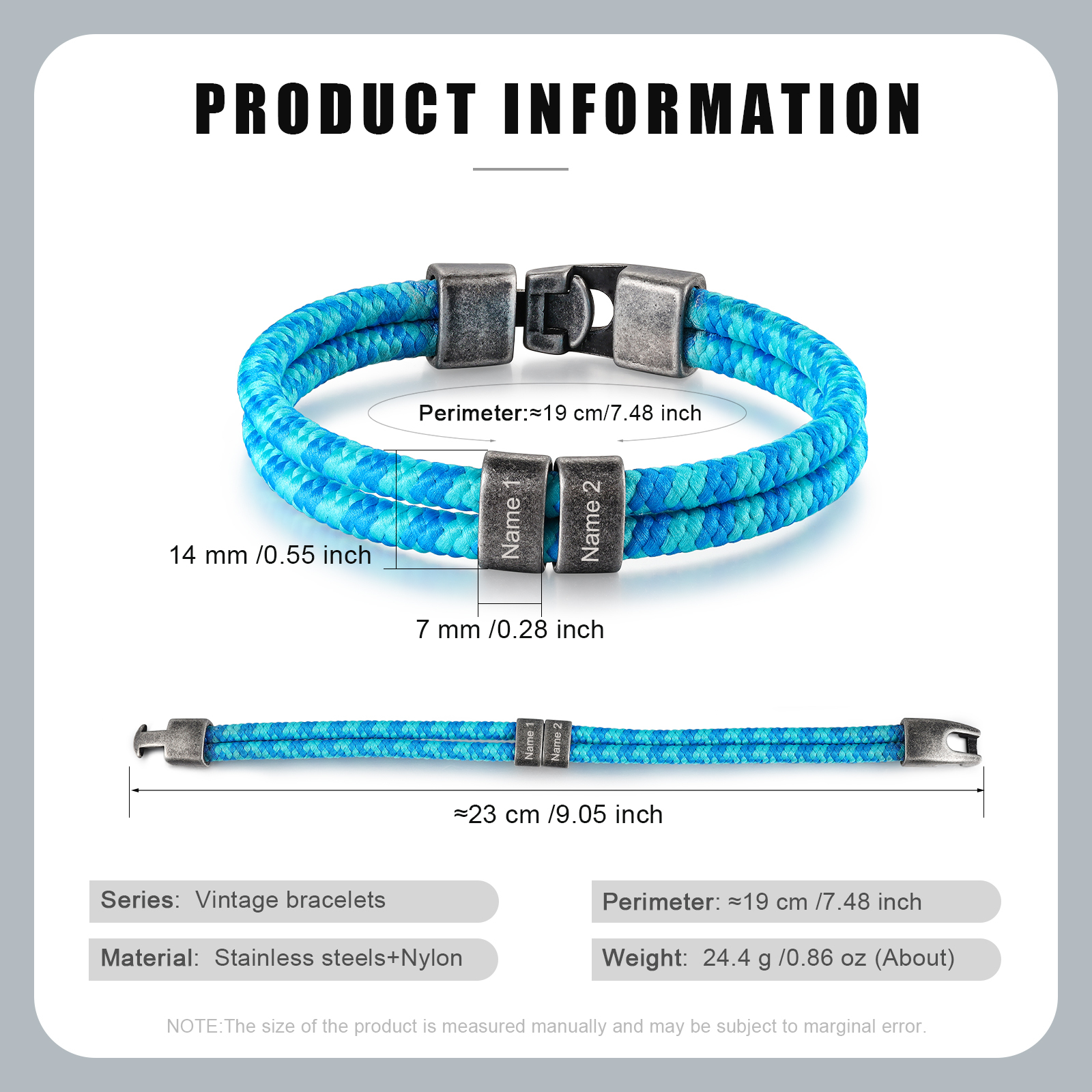 2-4 Nombres Personalizados Pulsera de Cuerda Celeste Aros de Acero Inoxidable-Jessemade ES