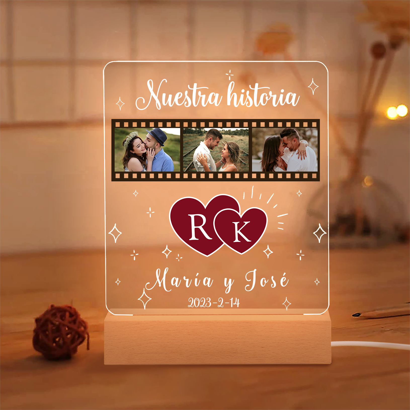 Lámpara para pareja 3D Ilusión Luz de Noche LED 2 letras, 2 textos, fecha y 3 fotos personalizados -Jessemade ES