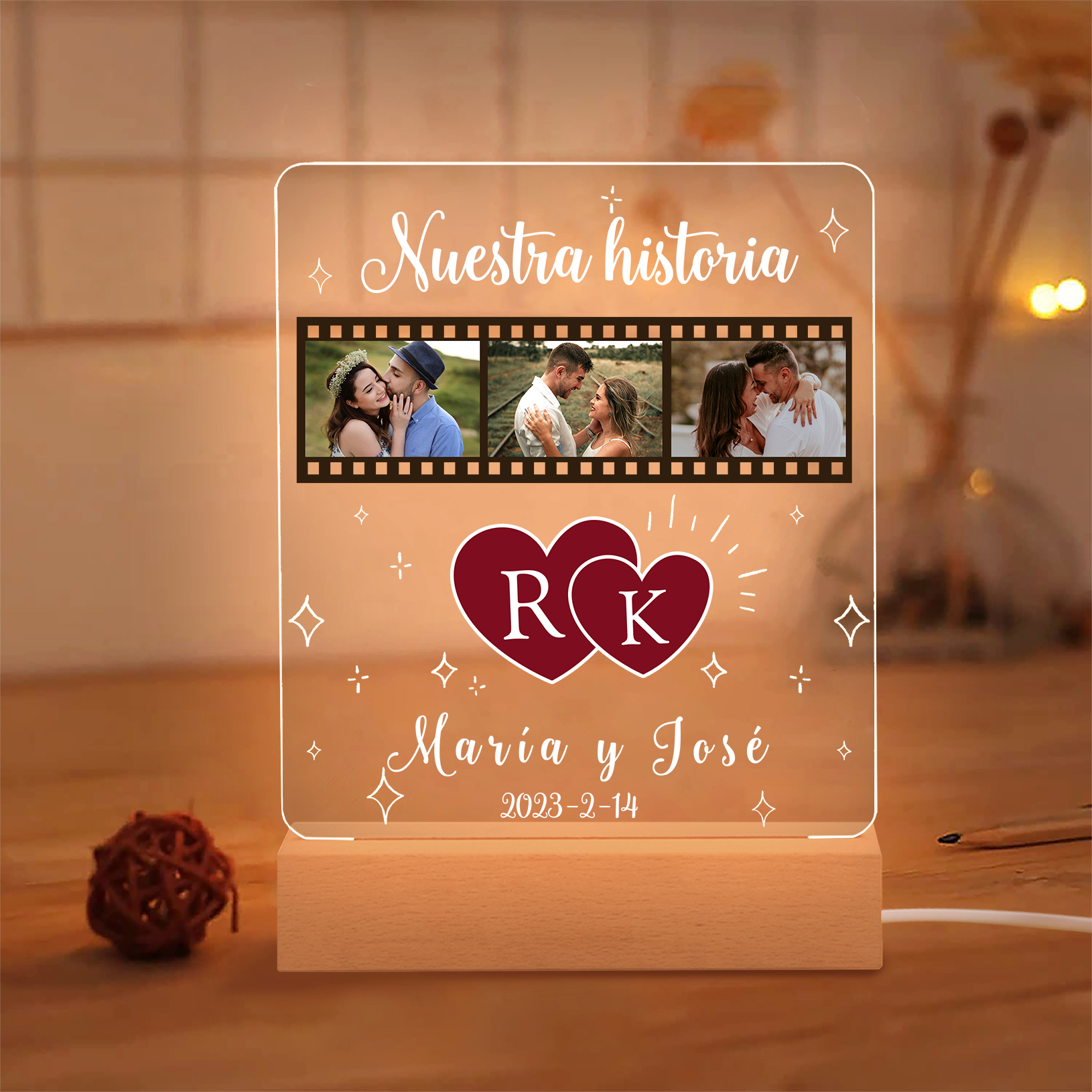 Lámpara para pareja 3D Ilusión Luz de Noche LED 2 letras, 2 textos, fecha y 3 fotos personalizados -Jessemade ES