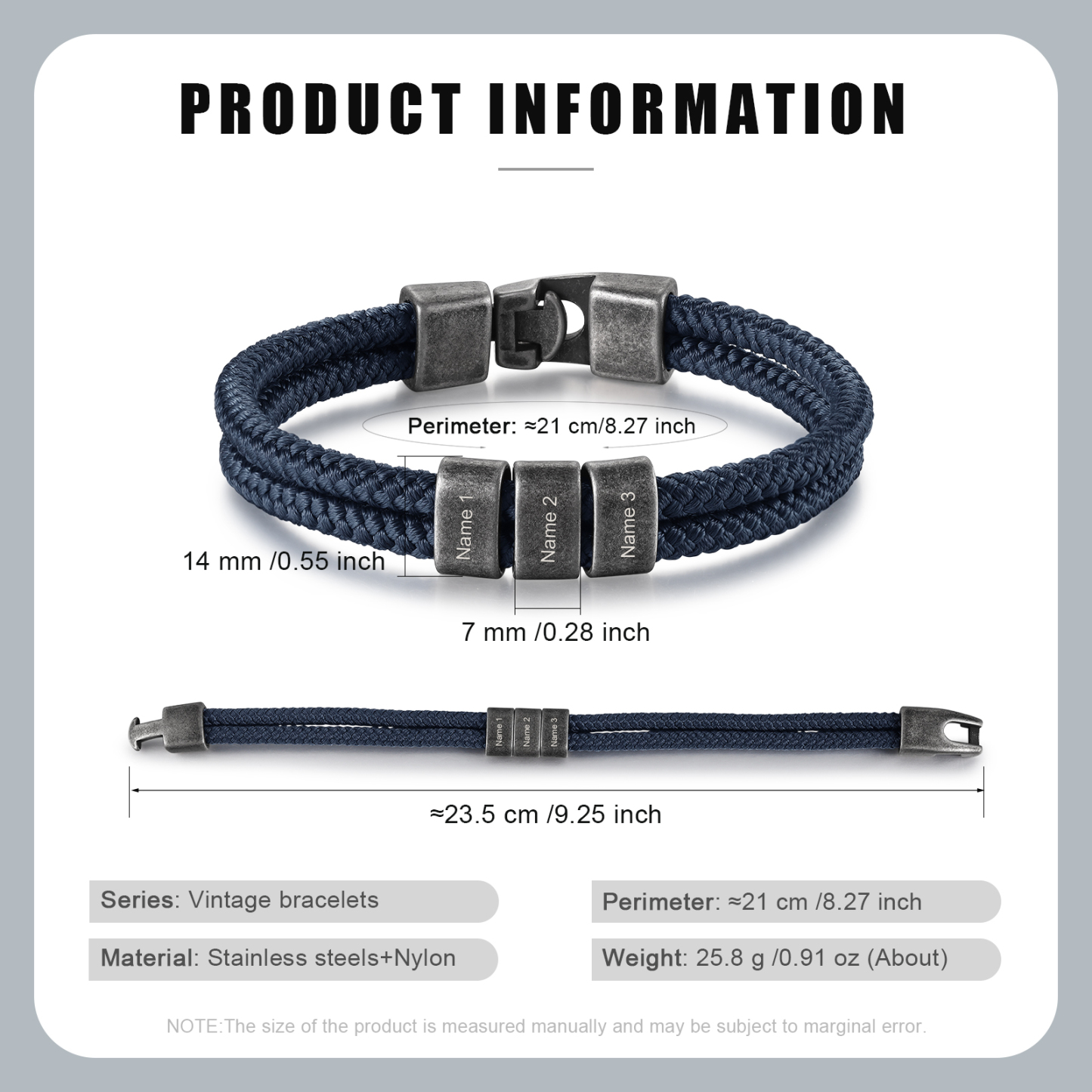 2-4 Nombres Personalizados Pulsera de Cuerda Turquí Aros de Acero Inoxidable-Jessemade ES