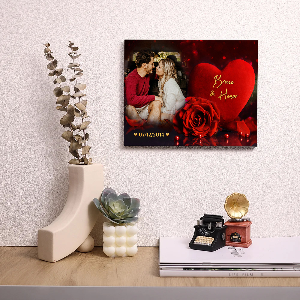 Lámina "rosa y corazón" marco de madera para pareja 2 nombres personalizados con fecha y foto-Jessemade ES