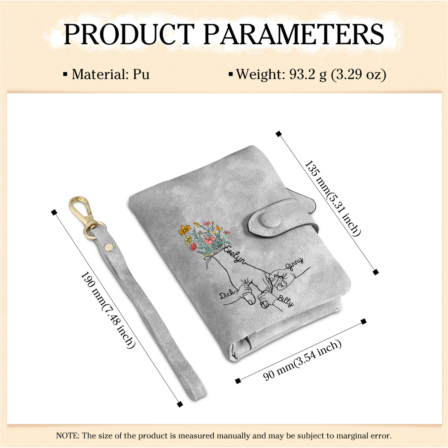 Cartera, billetera con 4 nombres y 1 foto personalizados mano con manito monedero clásico para mujer-Jessemade ES