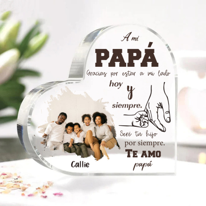 A mi papá-Placa de acrílico en forma de corazón papá e hijo con 1 nombre y 1 foto personalizados-Jessemade ES
