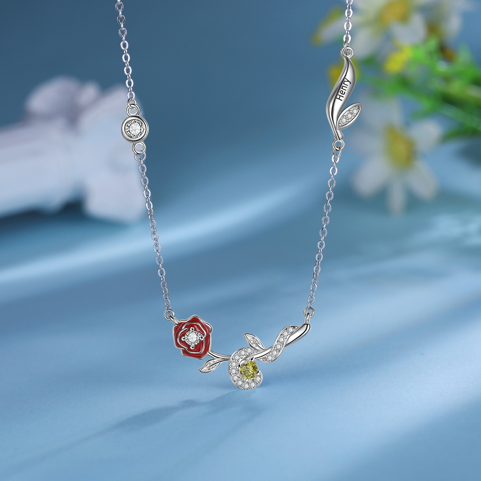 Collar de flor de junio rosa con nombre personalizado y piedra de nacimiento-Jessemade ES