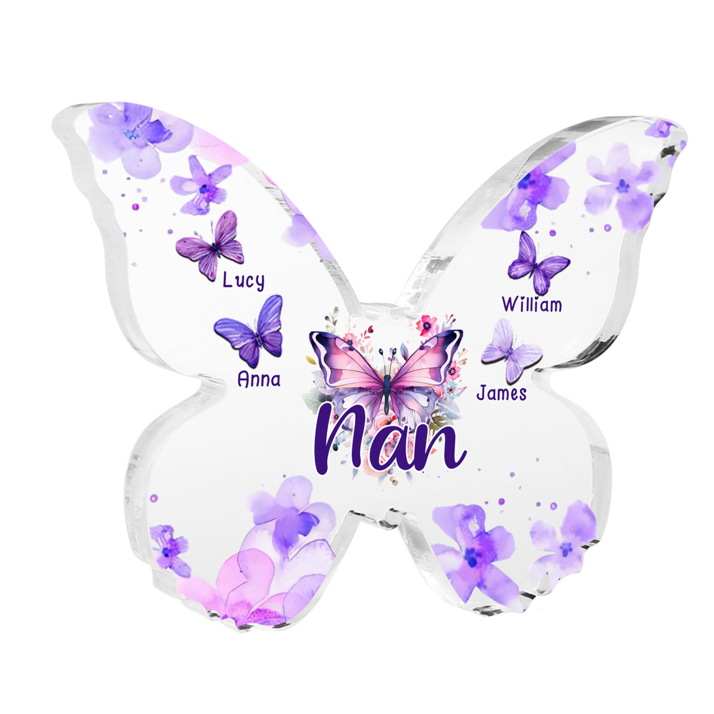 A mi mamá/abuela-Placa de acrílico "Mariposas" en forma de mariposa 4 nombres y 1 texto personalizados-Jessemade ES