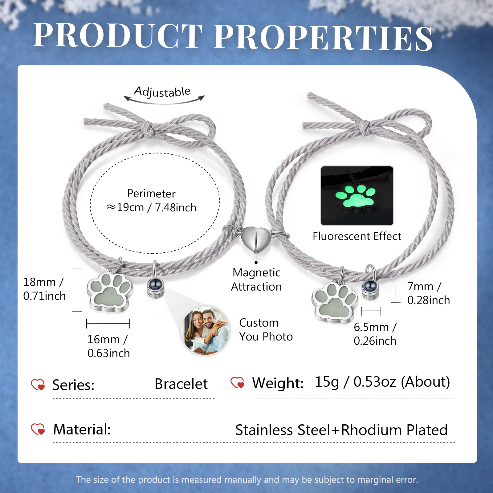 Pulsera para pareja de pata fluorescente con proyección de foto con dije de corazón magnético-Jessemade ES