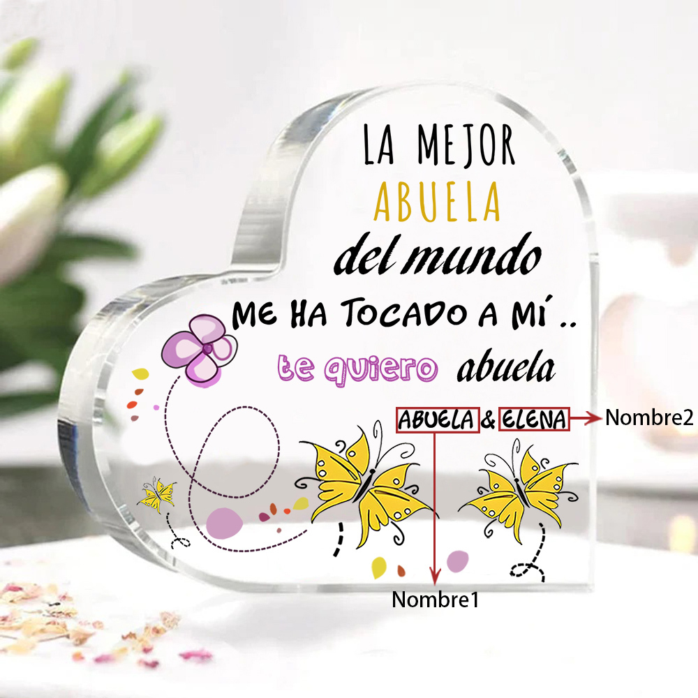 Abuela - Placa de acrílico en forma de corazón mariposas 2 nombres personalizados-Jessemade ES